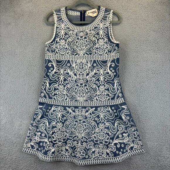 Savanna Jane Dress Medium Denim Beachy Coastal Boho Embroidered Floral Trim Mini